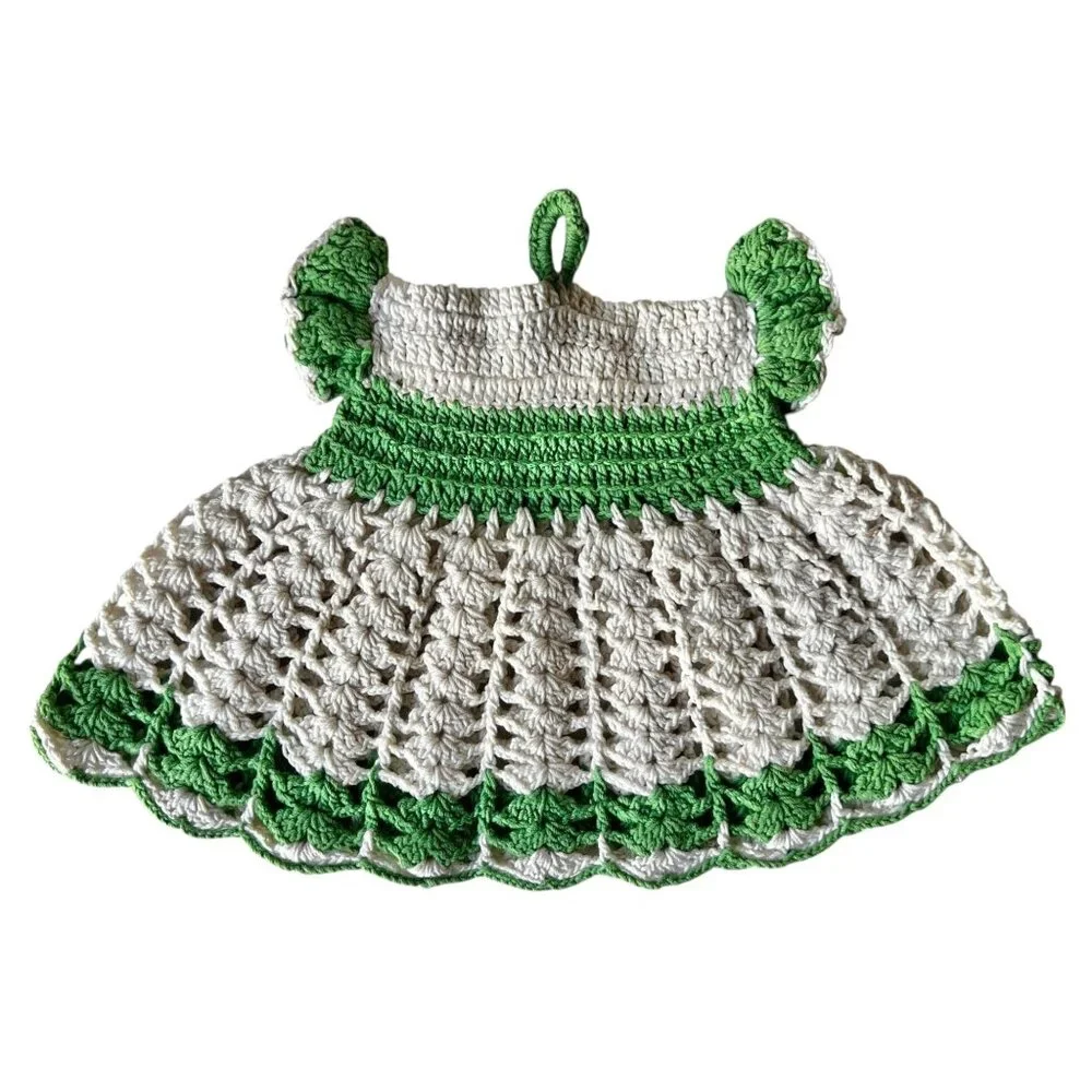 Hand-Crocheted Potholder Red White Hot Pad & Green White Dress with Loop